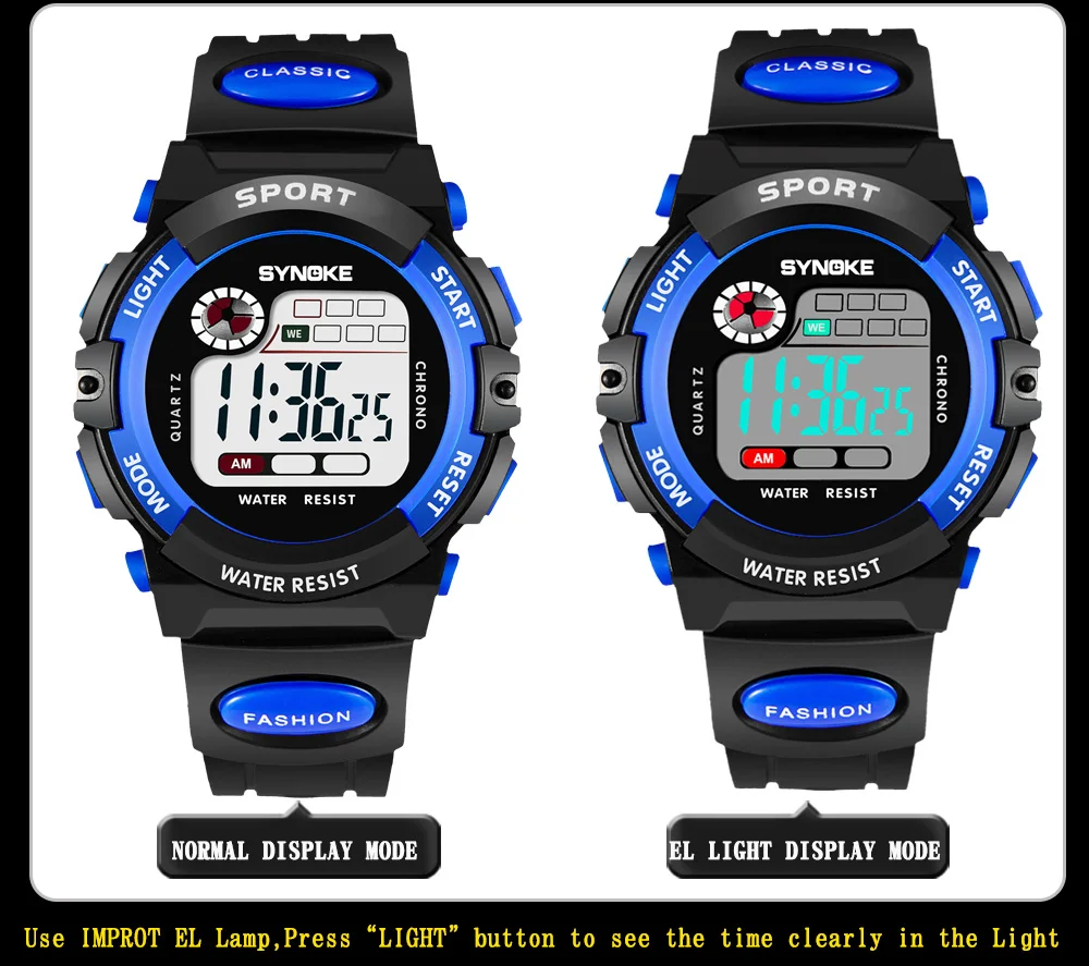 Synoke Kids Digital Sport's Watches Fashion PU Strap Led Waterproof Boy Girl Military Wristwatch Student Alarm Clock