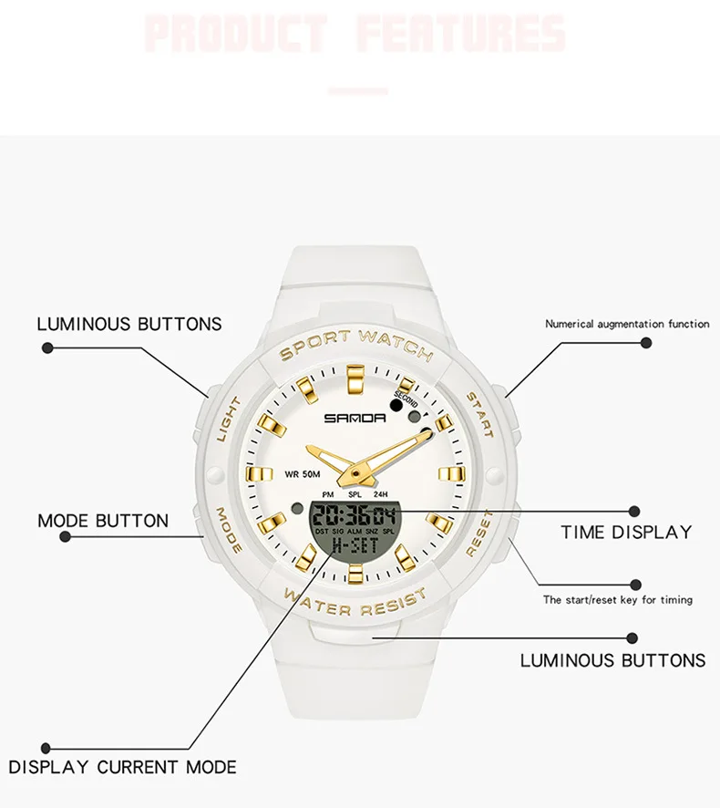 SANDA 6005 Dual Display Electronic Watches Fashion Outdoor Leisure Silicone Strap Student Wrist Watch for Boy and Girl