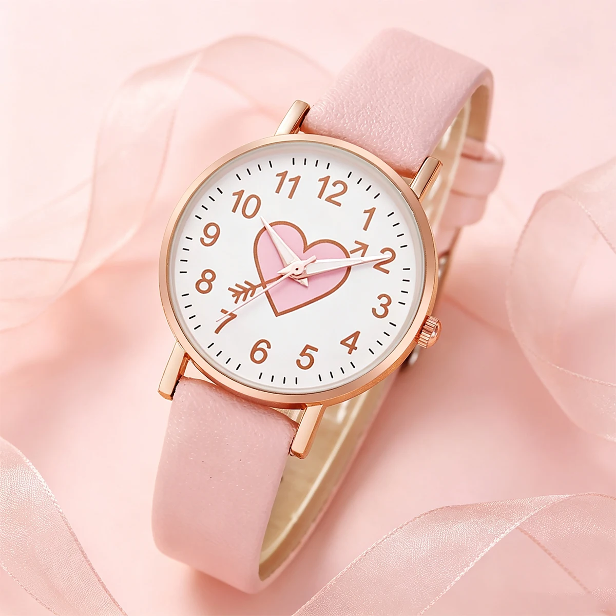 5-Piece Set of New Cute Pink Children's Watches with Heart-Shaped Pattern Decorations, Suitable for Daily Wear, Exquisite Birthday Gifts, and the Perfect Gift for Children