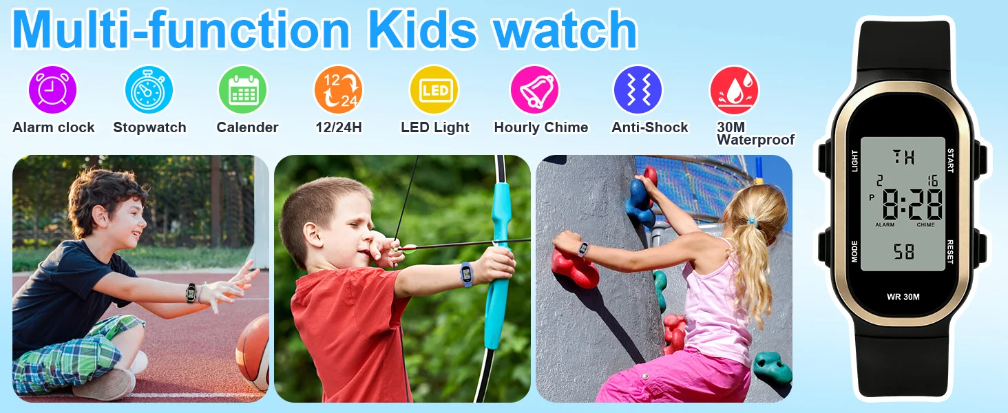 Socico Digital Watch Student Electronic Outdoor Sports Boy Luminous Waterproof MultiFunction Watch Retro Square Watch