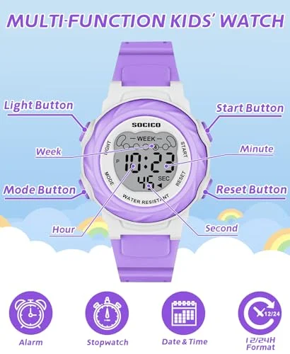 SOCICO Electronic Watch For Boys Girls Children Luminous Dial Military Sport Watches for Kids Waterproof Multi-function Digital