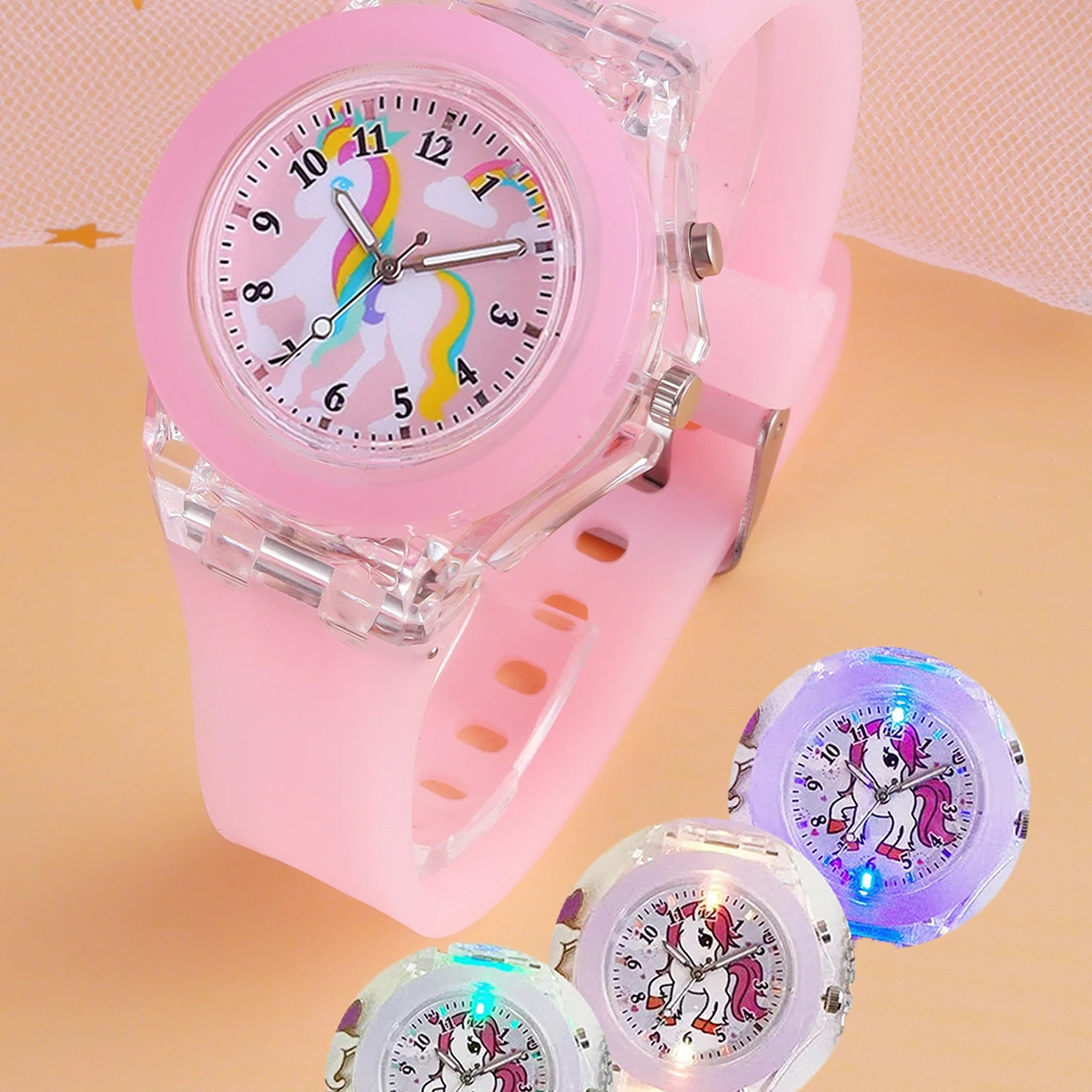 2-Piece Set of Pink Rainbow Horse Cute Luminous Silicone Round Quartz Watches and Star-Moon Colorful Bead Heart Unicorn Pendant Beaded Bracelet Set, with Luminous Colorful Lights That Change Colors, and a Comfortable Silicone Soft Strap It Is the Best Birthday Gift for Students, Suitable for Everyday School, Vacations, Back-To-School Season, Parties, Daily Use, and Holiday Gifts.