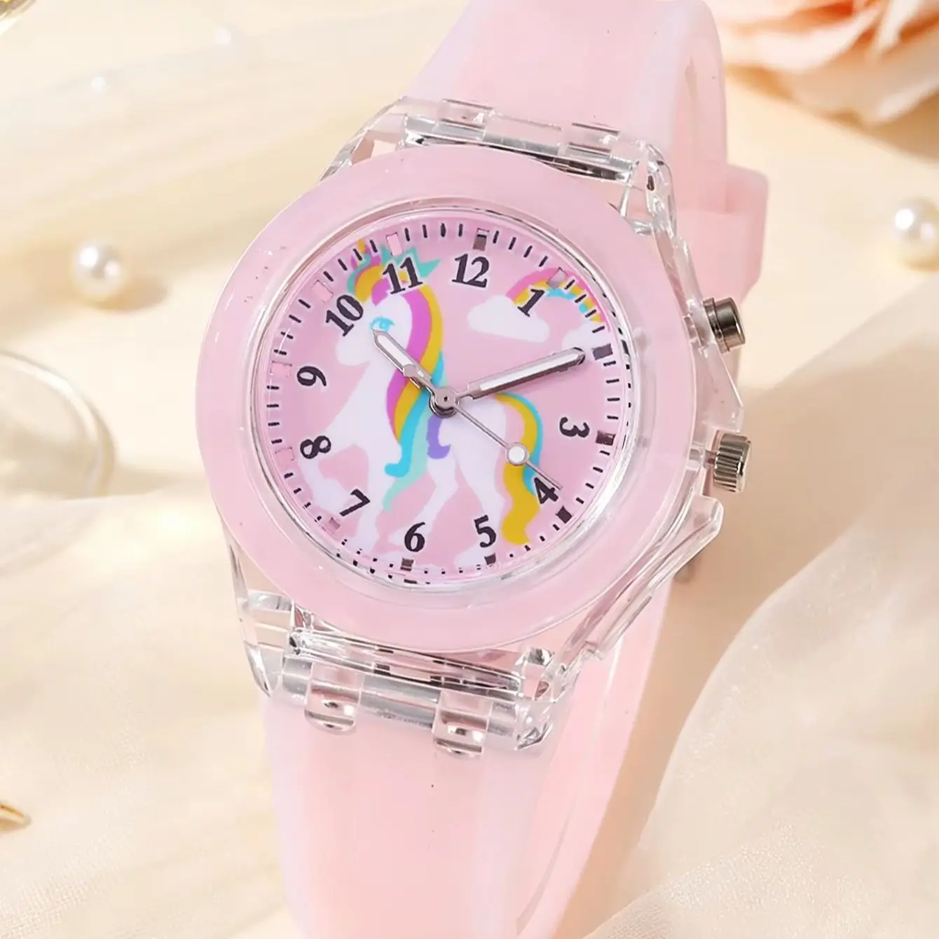 2-Piece Set of Pink Rainbow Horse Cute Luminous Silicone Round Quartz Watches and Star-Moon Colorful Bead Heart Unicorn Pendant Beaded Bracelet Set, with Luminous Colorful Lights That Change Colors, and a Comfortable Silicone Soft Strap It Is the Best Birthday Gift for Students, Suitable for Everyday School, Vacations, Back-To-School Season, Parties, Daily Use, and Holiday Gifts.