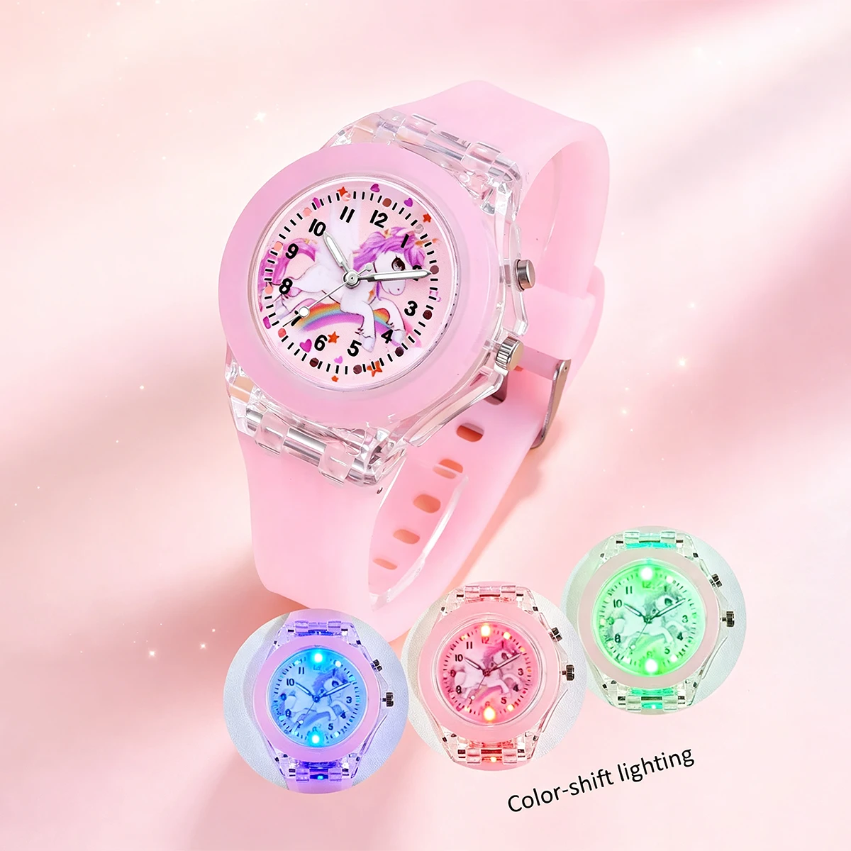 2-Piece Set of Fashionable Children's Luminous Quartz Watches, Featuring a Bracelet and Shell Pendant, Versatile for Everyday Use, with Unicorn Cartoon Pattern and Luminous Design, Birthday Gift