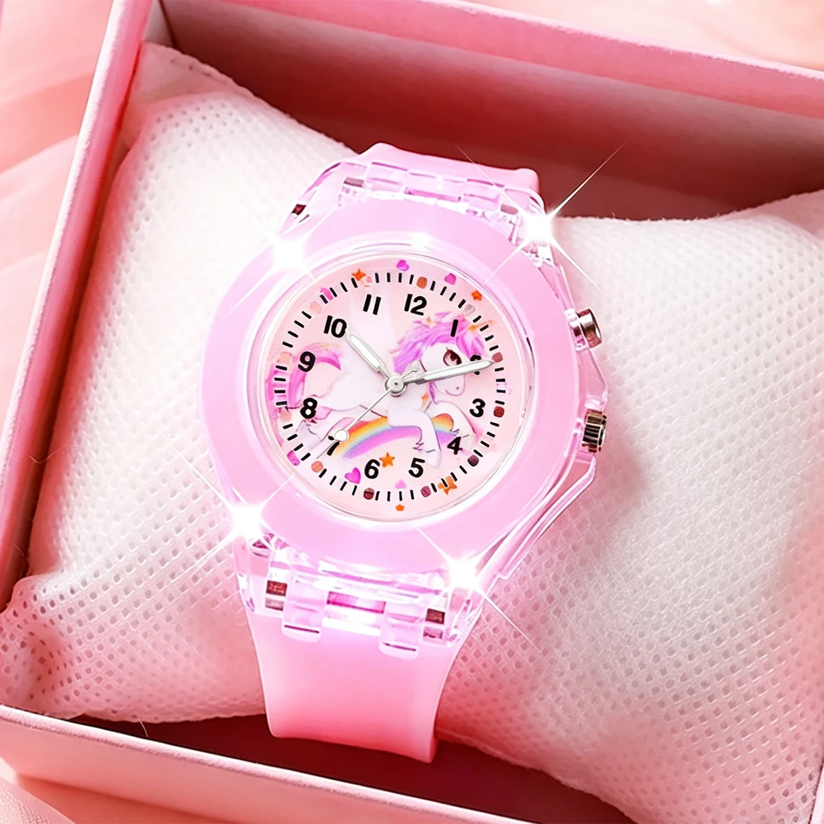 2-Piece Set of Fashionable Children's Luminous Quartz Watches, Featuring a Bracelet and Shell Pendant, Versatile for Everyday Use, with Unicorn Cartoon Pattern and Luminous Design, Birthday Gift