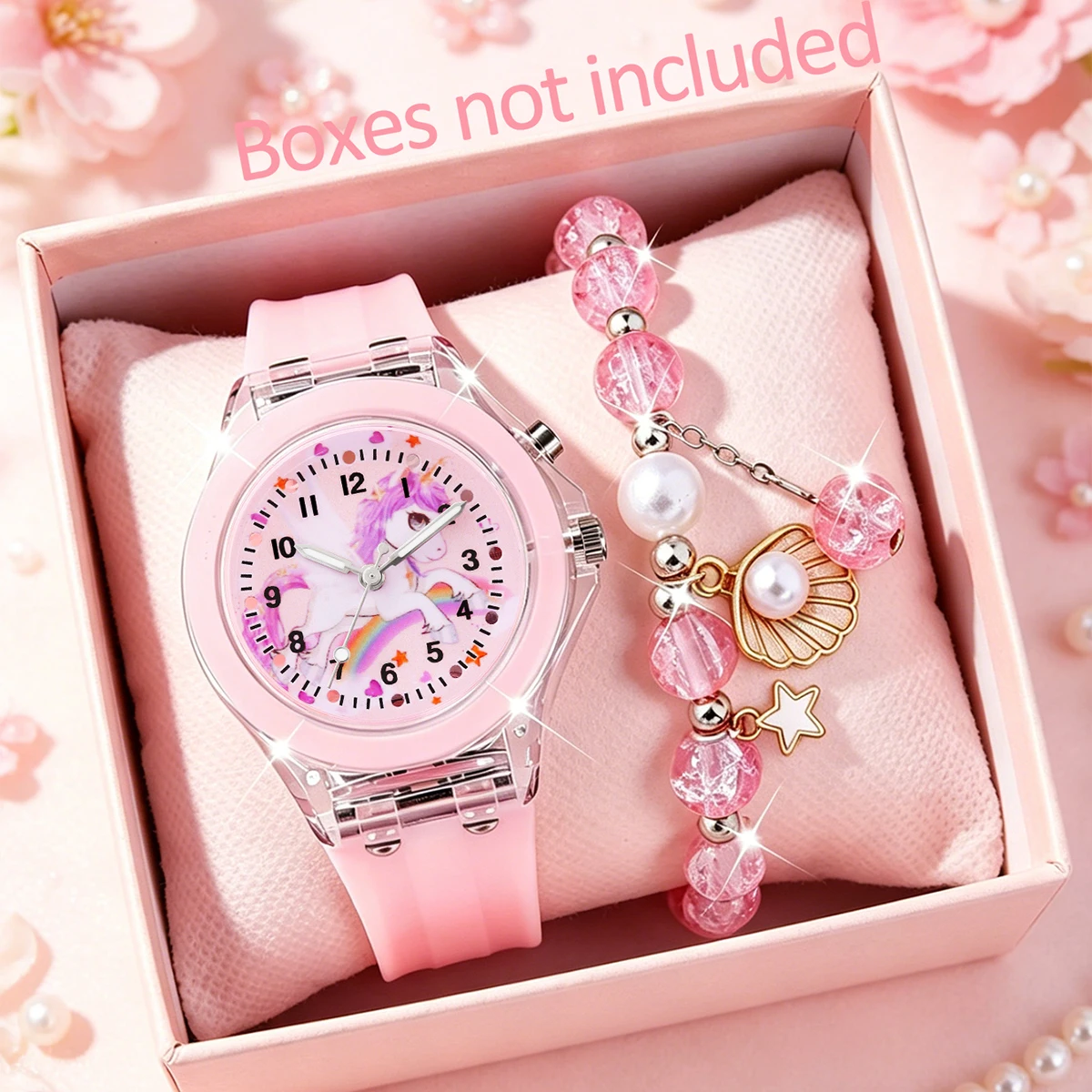2-Piece Set of Fashionable Children's Luminous Quartz Watches, Featuring a Bracelet and Shell Pendant, Versatile for Everyday Use, with Unicorn Cartoon Pattern and Luminous Design, Birthday Gift