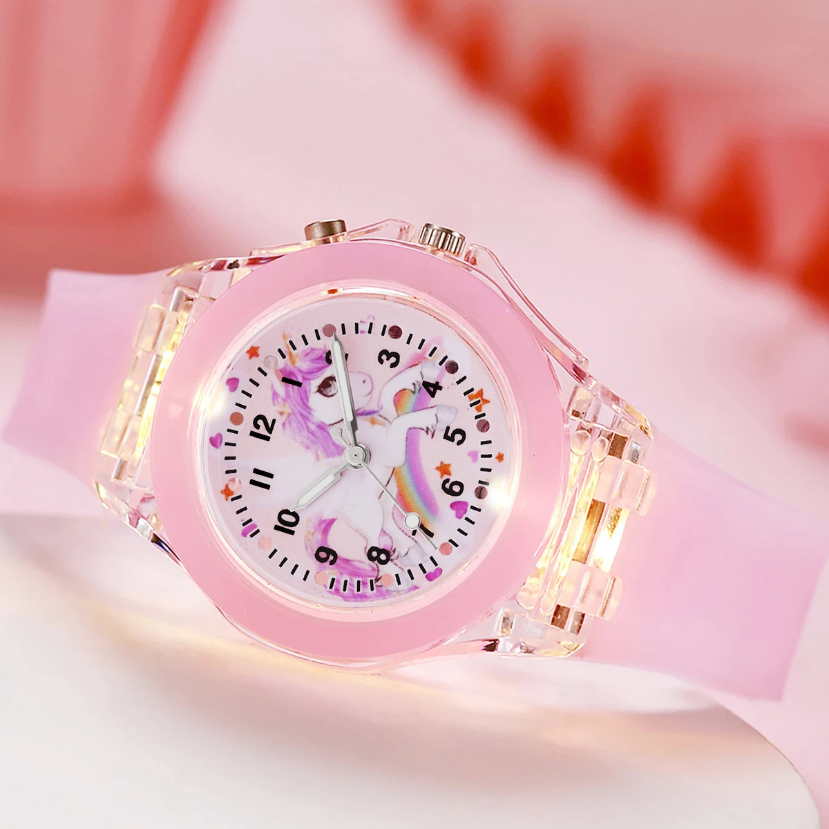 2-Piece Set of Fashionable Children's Luminous Quartz Watches, Featuring a Bracelet and Shell Pendant, Versatile for Everyday Use, with Unicorn Cartoon Pattern and Luminous Design, Birthday Gift