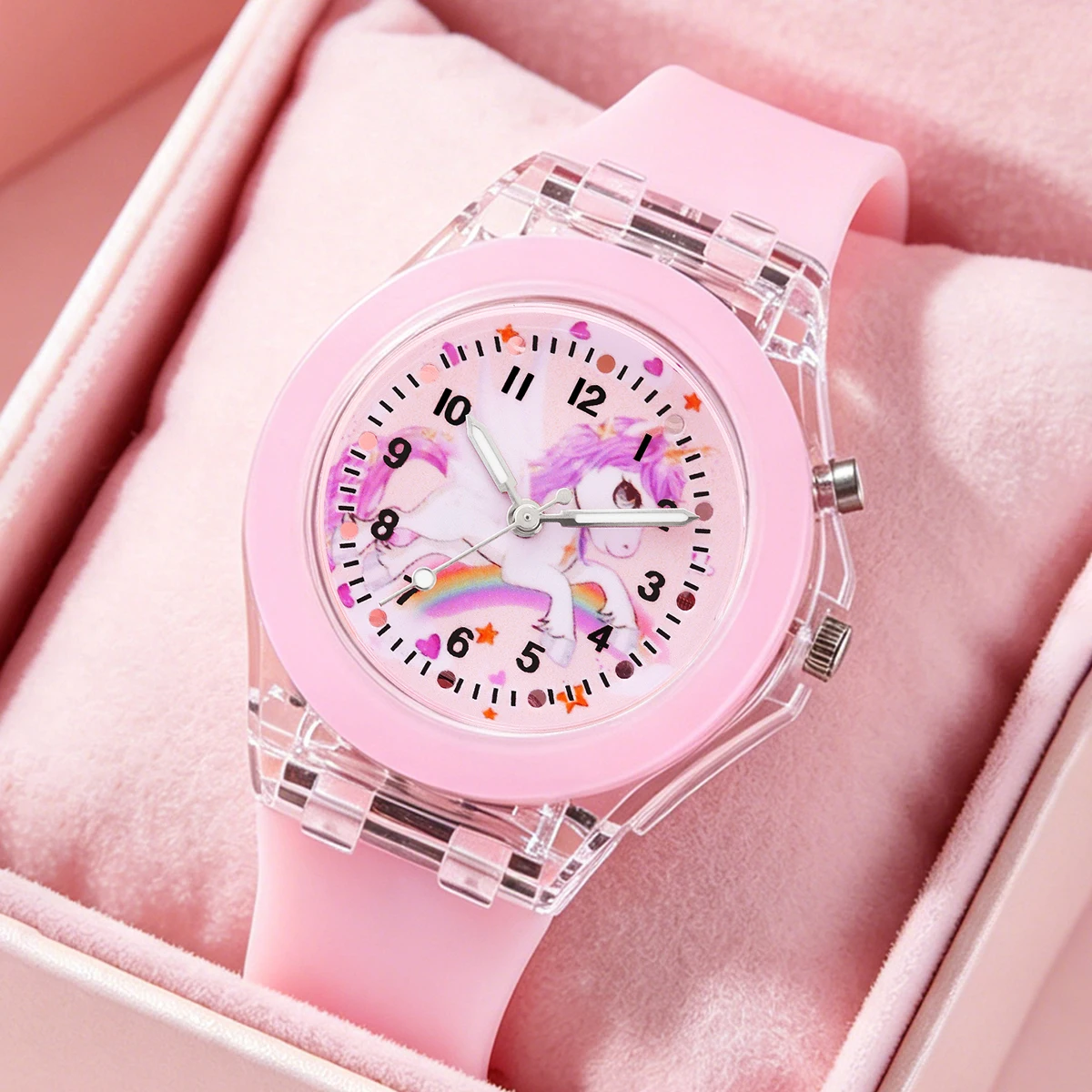 2-Piece Set of Fashionable Children's Luminous Quartz Watches, Featuring a Bracelet and Shell Pendant, Versatile for Everyday Use, with Unicorn Cartoon Pattern and Luminous Design, Birthday Gift