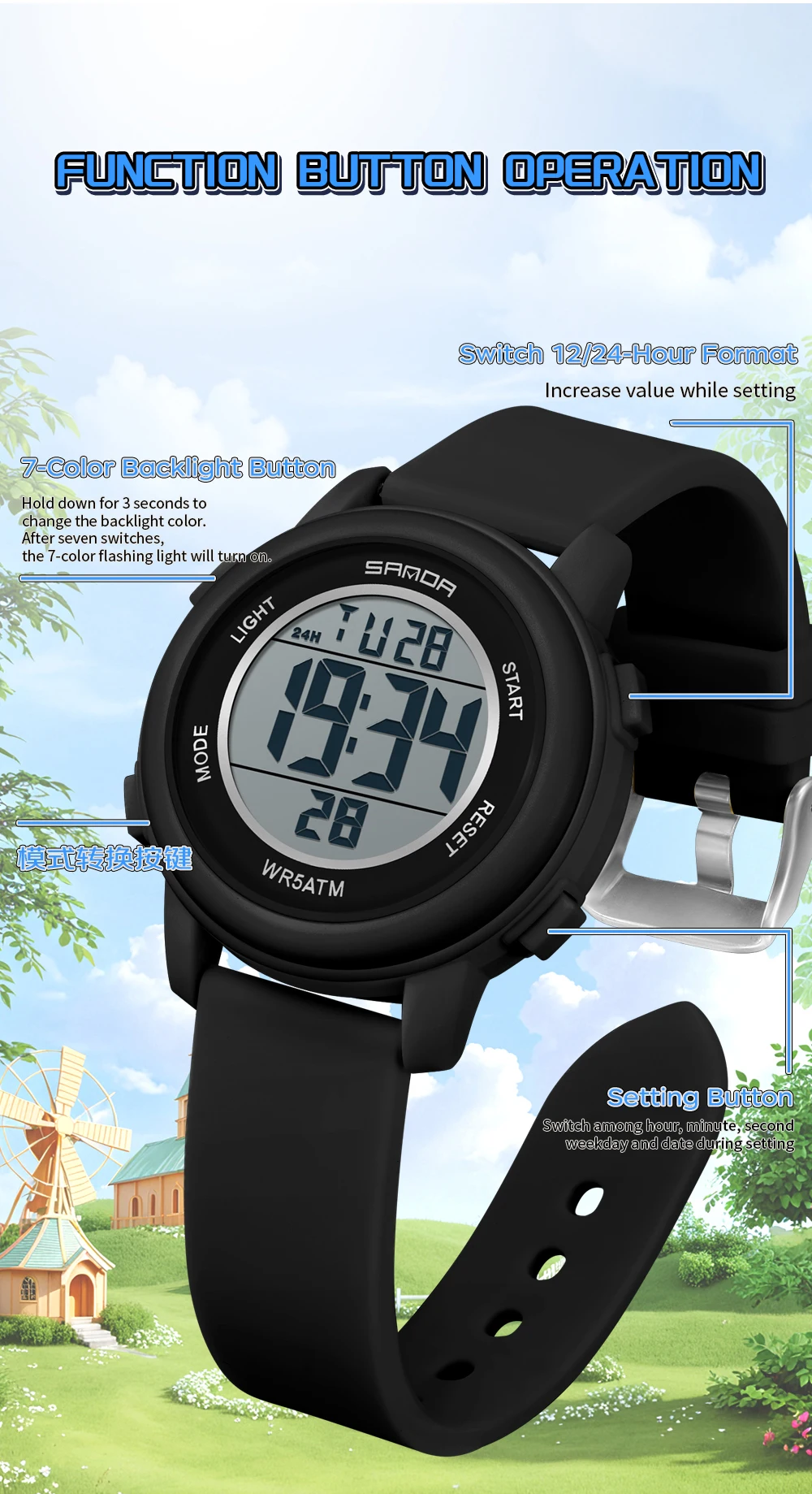 SANDA 9518 New Digital Watch Men Women Sport Wristwatch Top Brand Luxury LED Stopwatch Waterproof Male Girl Electronic Clock