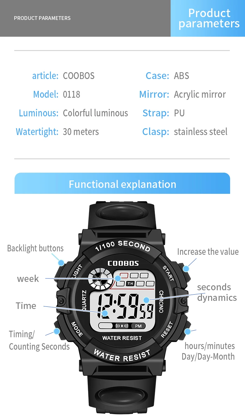 Multifunctional Digital Watch For Kids Boys Girls 30M Waterproof Sport LED Electronic Wristwatch Fashion Luminous Children Watch