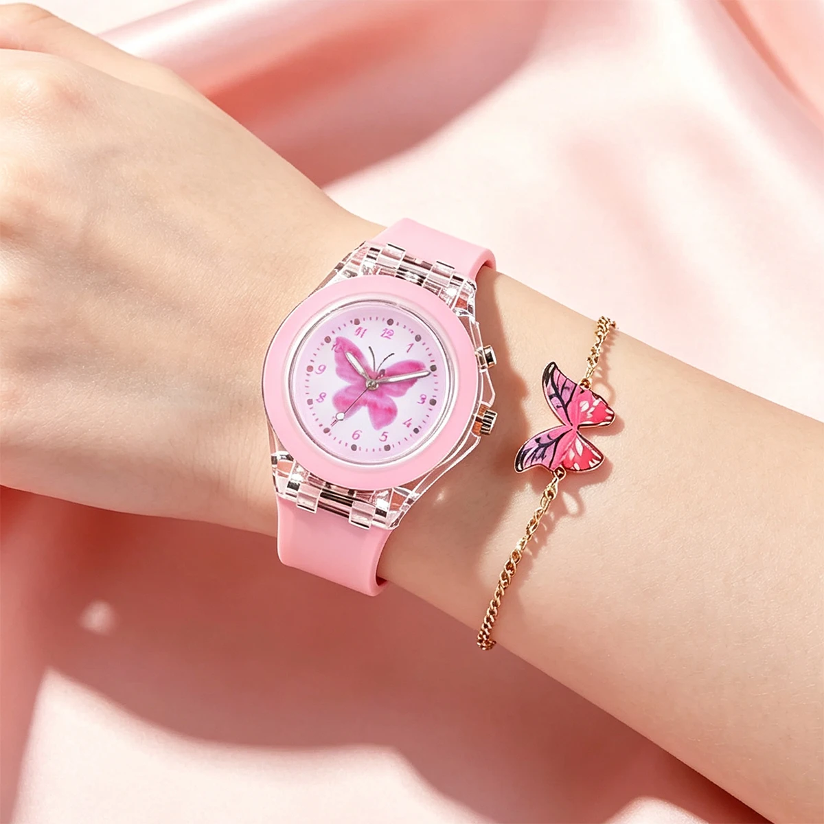 5-Piece Casual New Cute Kidsren's Pink Girl Watch Set, Pink Butterfly Series Accessories, Birthday Gift