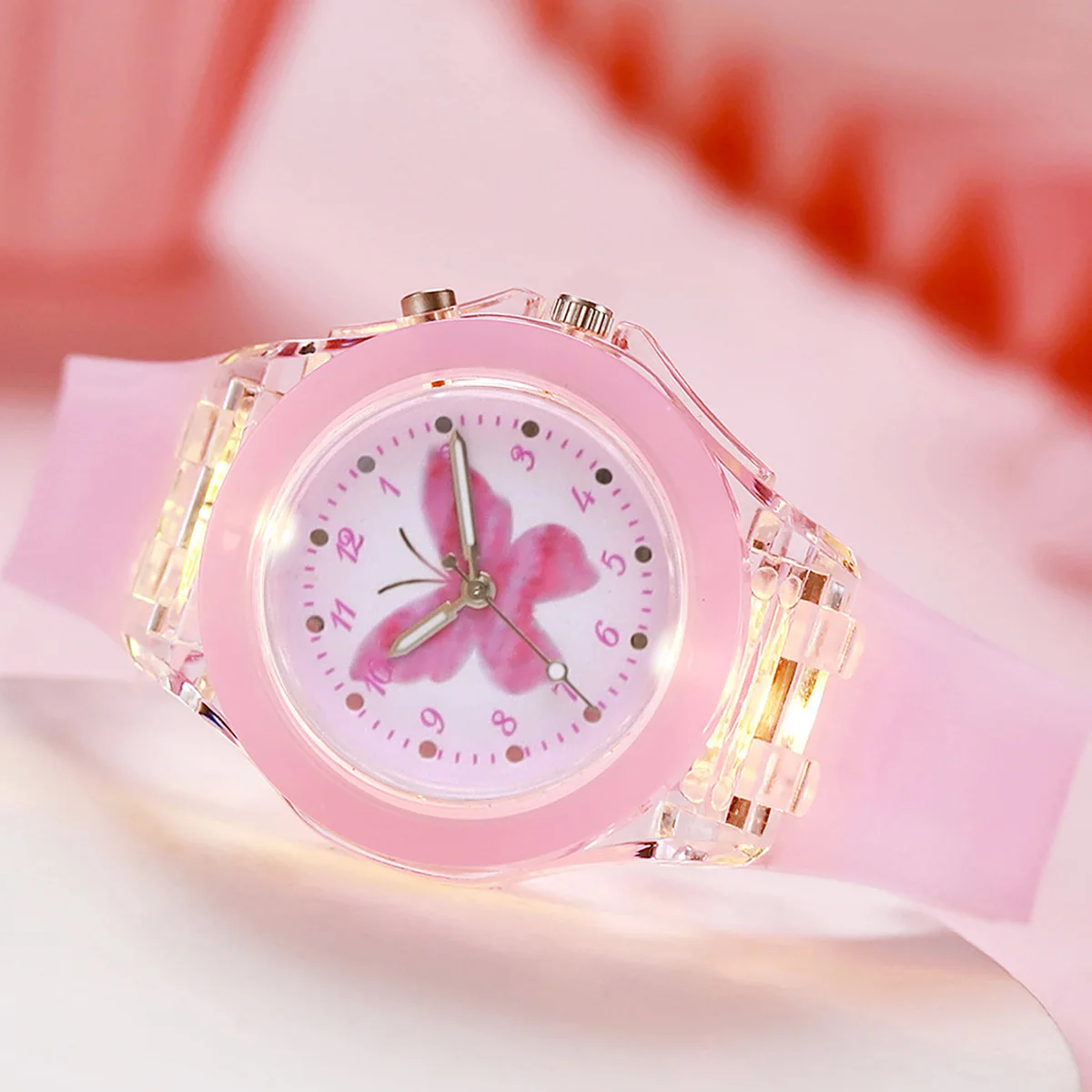 5-Piece Casual New Cute Kidsren's Pink Girl Watch Set, Pink Butterfly Series Accessories, Birthday Gift