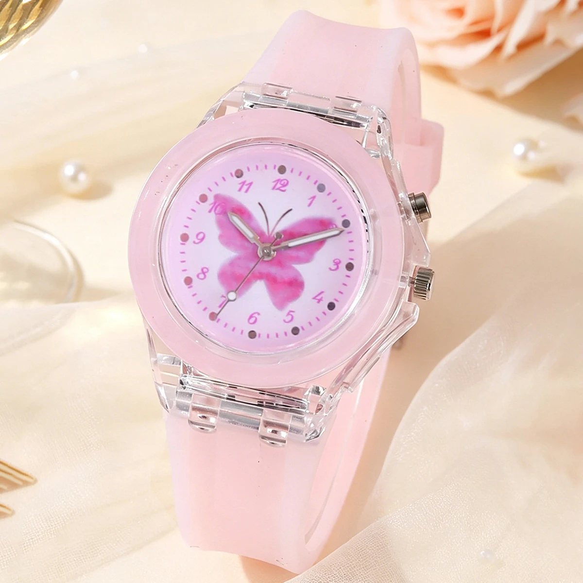 5-Piece Casual New Cute Kidsren's Pink Girl Watch Set, Pink Butterfly Series Accessories, Birthday Gift
