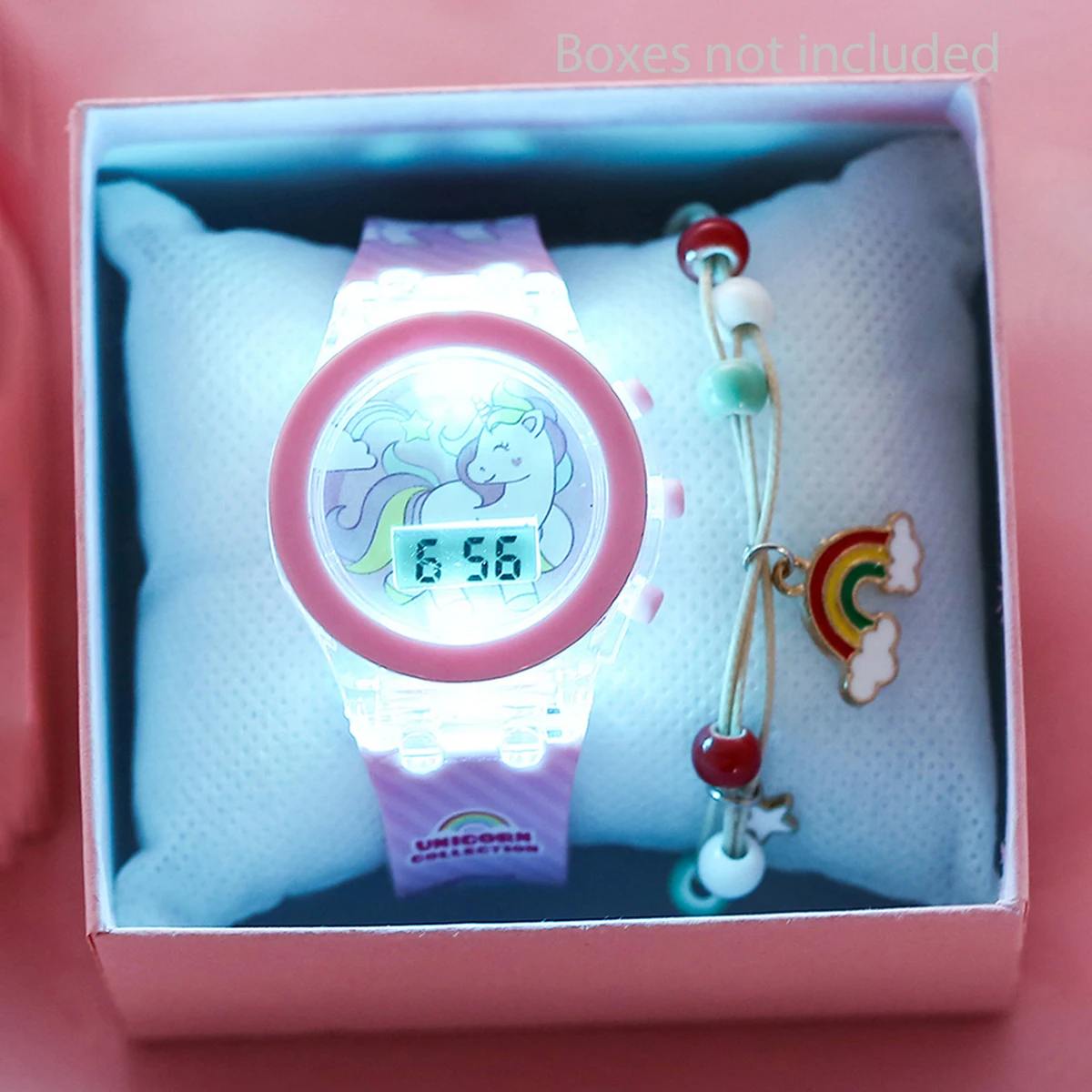 2-Piece Set of Cute Unicorn Girls' Watches with Silicone Strap, Rainbow Bracelet, Flashing Led Pink Children's Watch, Exquisite Birthday Gift
