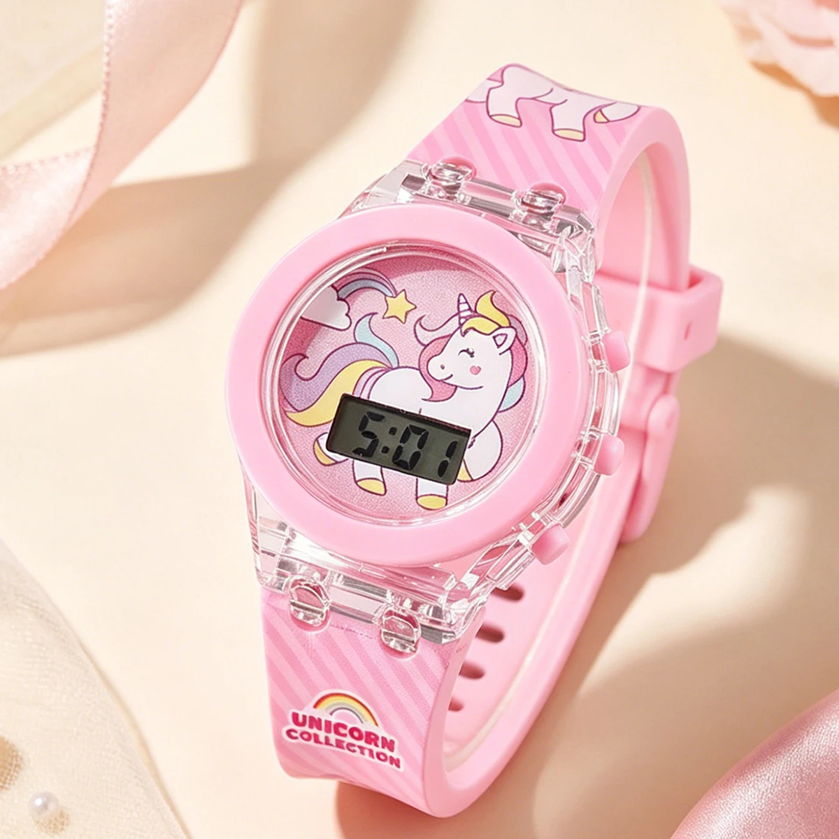 2-Piece Set of Cute Unicorn Girls' Watches with Silicone Strap, Rainbow Bracelet, Flashing Led Pink Children's Watch, Exquisite Birthday Gift