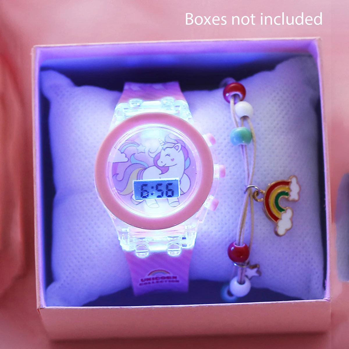 2-Piece Set of Cute Unicorn Girls' Watches with Silicone Strap, Rainbow Bracelet, Flashing Led Pink Children's Watch, Exquisite Birthday Gift