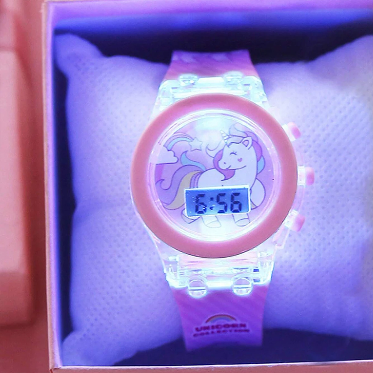 2-Piece Set of Cute Unicorn Girls' Watches with Silicone Strap, Rainbow Bracelet, Flashing Led Pink Children's Watch, Exquisite Birthday Gift