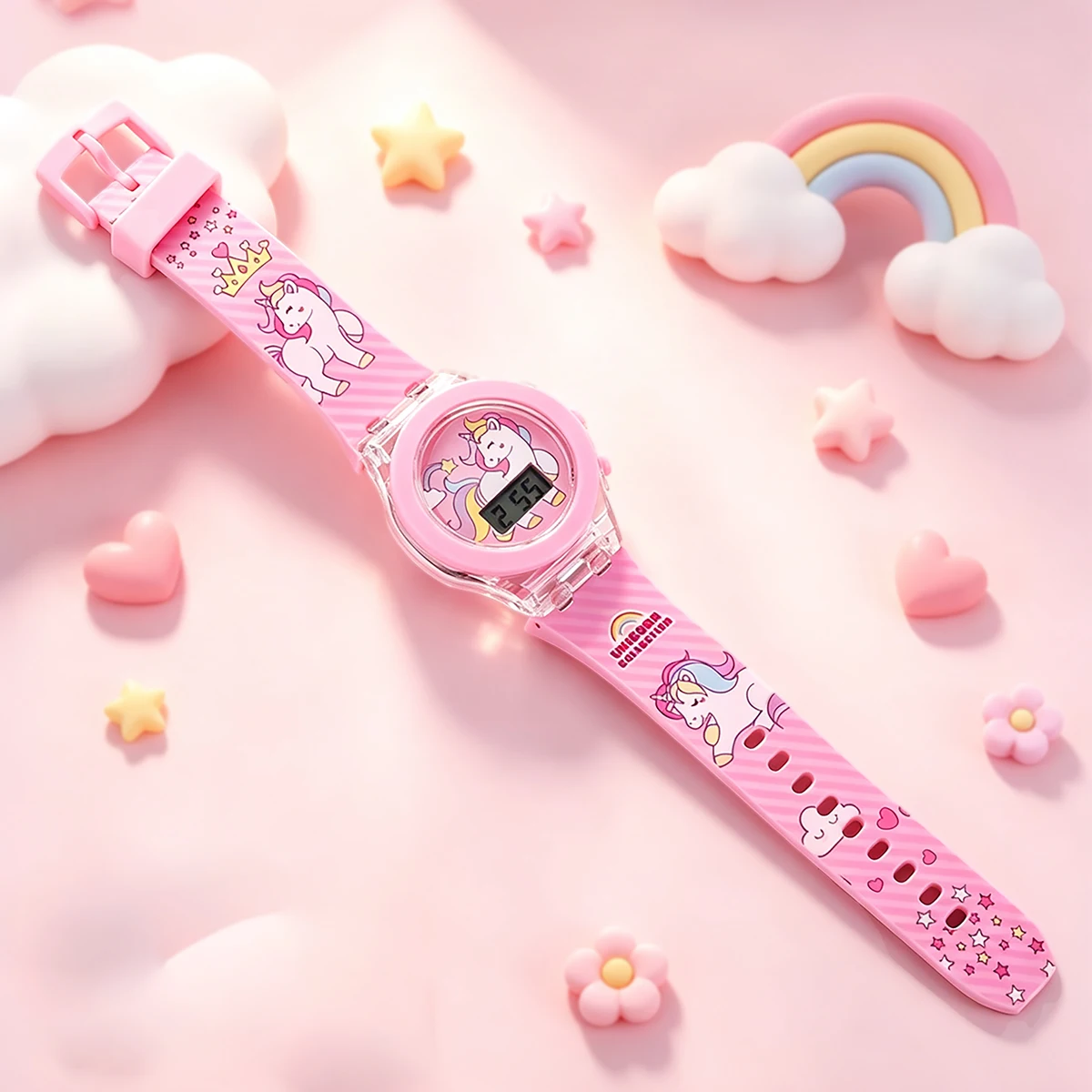 2-Piece Set of Cute Unicorn Girls' Watches with Silicone Strap, Rainbow Bracelet, Flashing Led Pink Children's Watch, Exquisite Birthday Gift