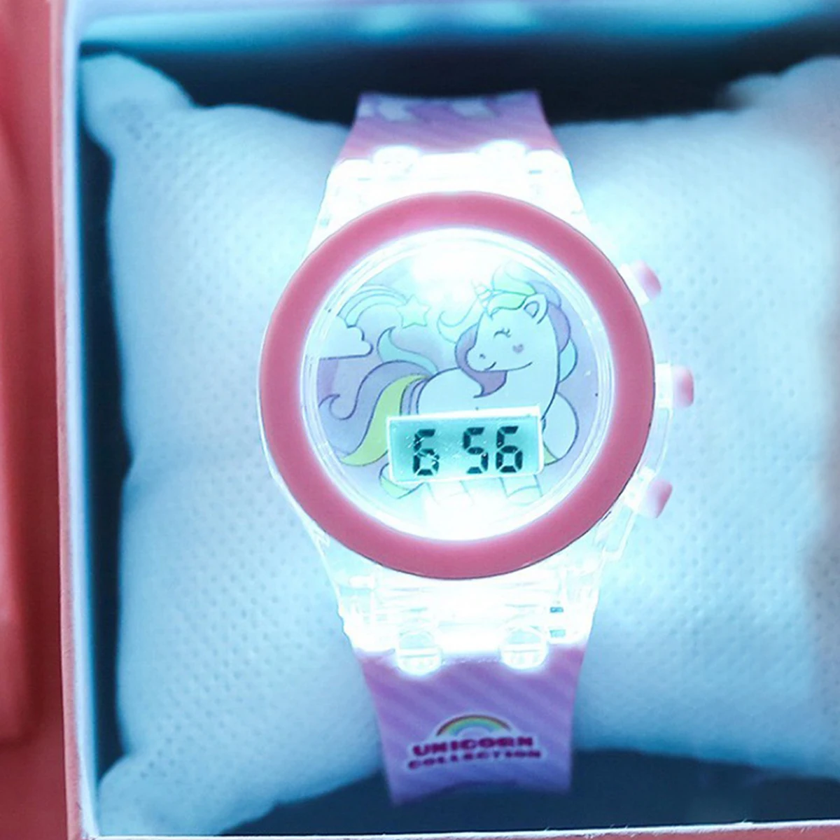 2-Piece Set of Cute Unicorn Girls' Watches with Silicone Strap, Rainbow Bracelet, Flashing Led Pink Children's Watch, Exquisite Birthday Gift