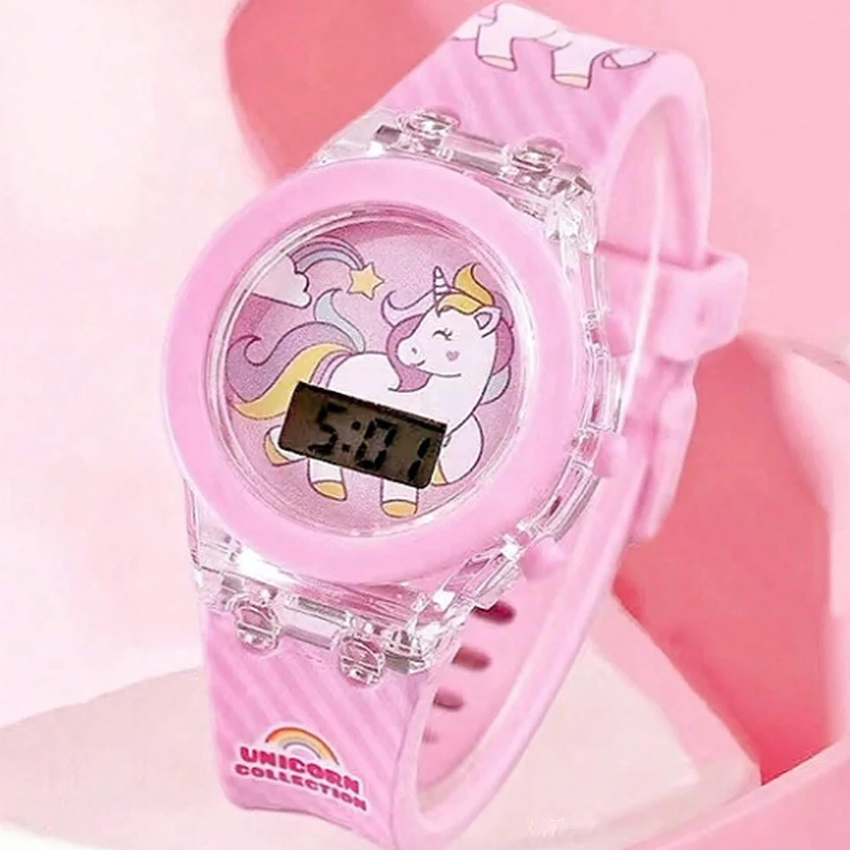 2-Piece Set of Cute Unicorn Girls' Watches with Silicone Strap, Rainbow Bracelet, Flashing Led Pink Children's Watch, Exquisite Birthday Gift