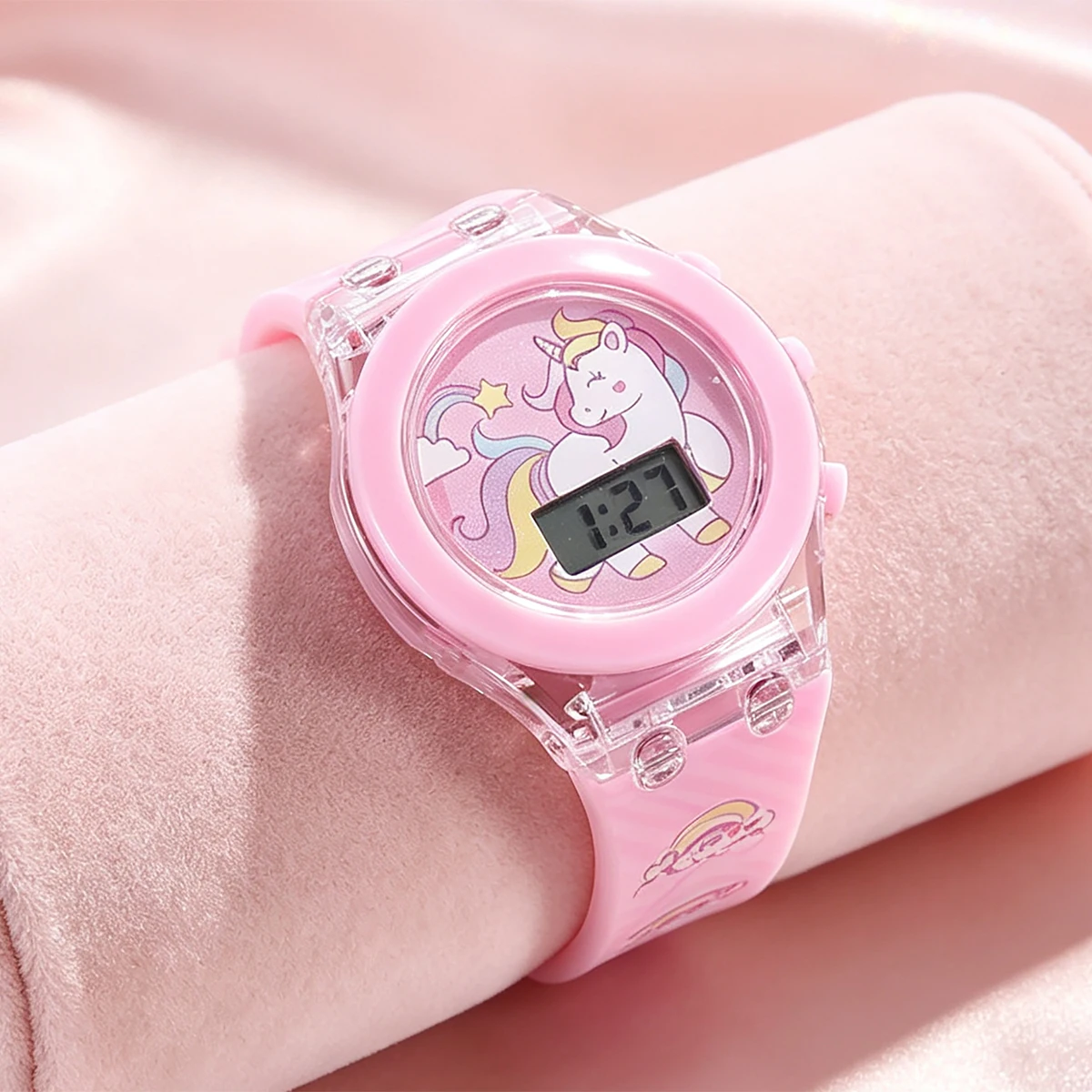 2-Piece Set of Cute Unicorn Girls' Watches with Silicone Strap, Rainbow Bracelet, Flashing Led Pink Children's Watch, Exquisite Birthday Gift