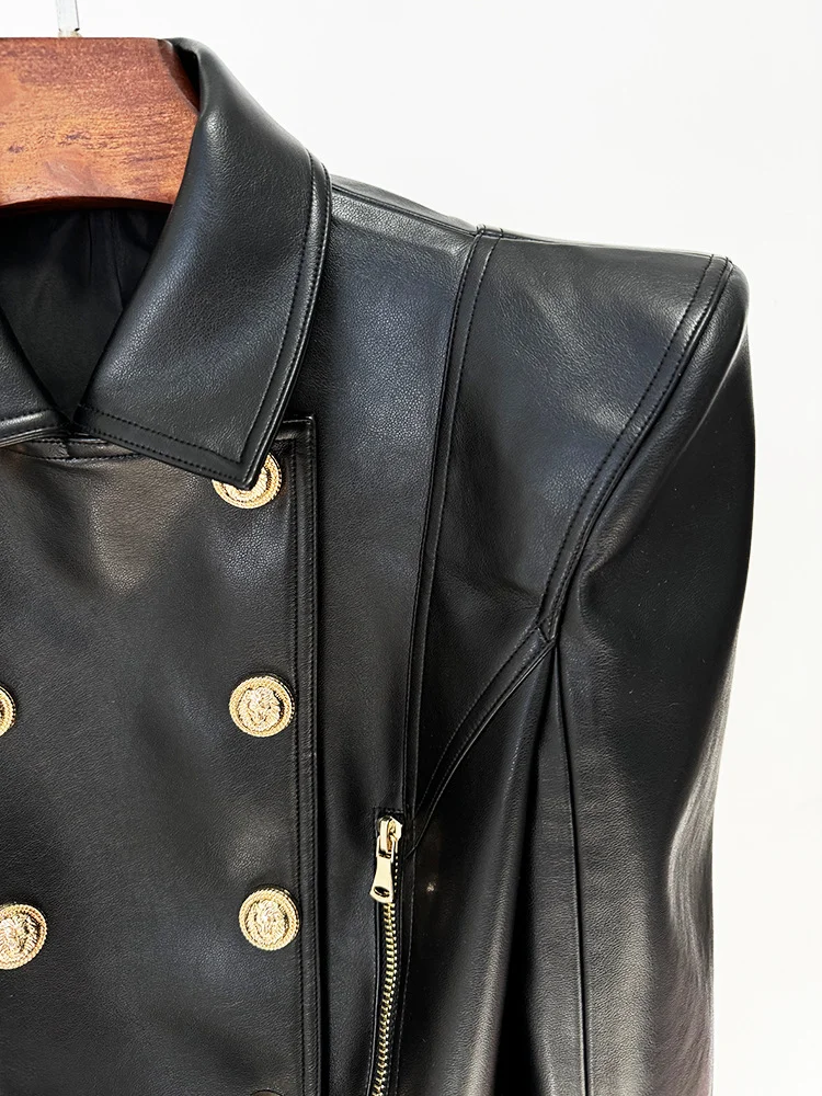 HIGH STREET New Fashion 2026 Designer Jacket Women's Peak Shoulder Double Breasted Lion Buttons Faux Leather Jacket Moto Jacket