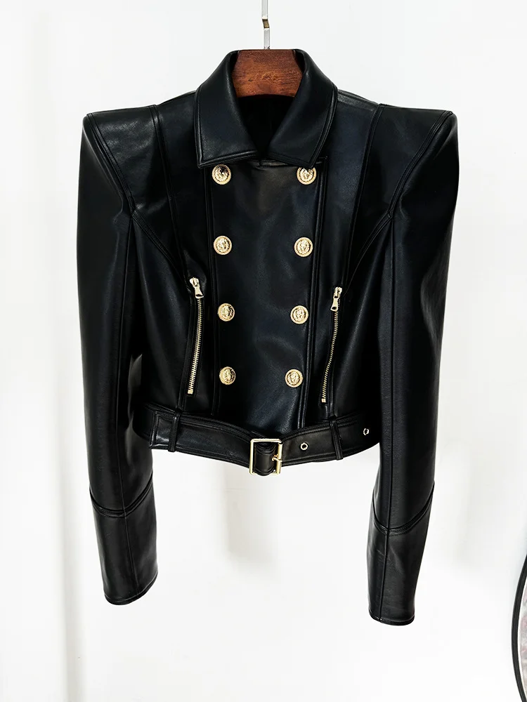 HIGH STREET New Fashion 2026 Designer Jacket Women's Peak Shoulder Double Breasted Lion Buttons Faux Leather Jacket Moto Jacket