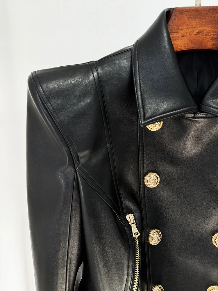 HIGH STREET New Fashion 2026 Designer Jacket Women's Peak Shoulder Double Breasted Lion Buttons Faux Leather Jacket Moto Jacket