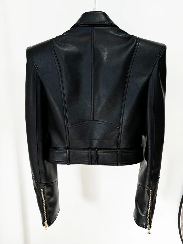 HIGH STREET New Fashion 2026 Designer Jacket Women's Peak Shoulder Double Breasted Lion Buttons Faux Leather Jacket Moto Jacket