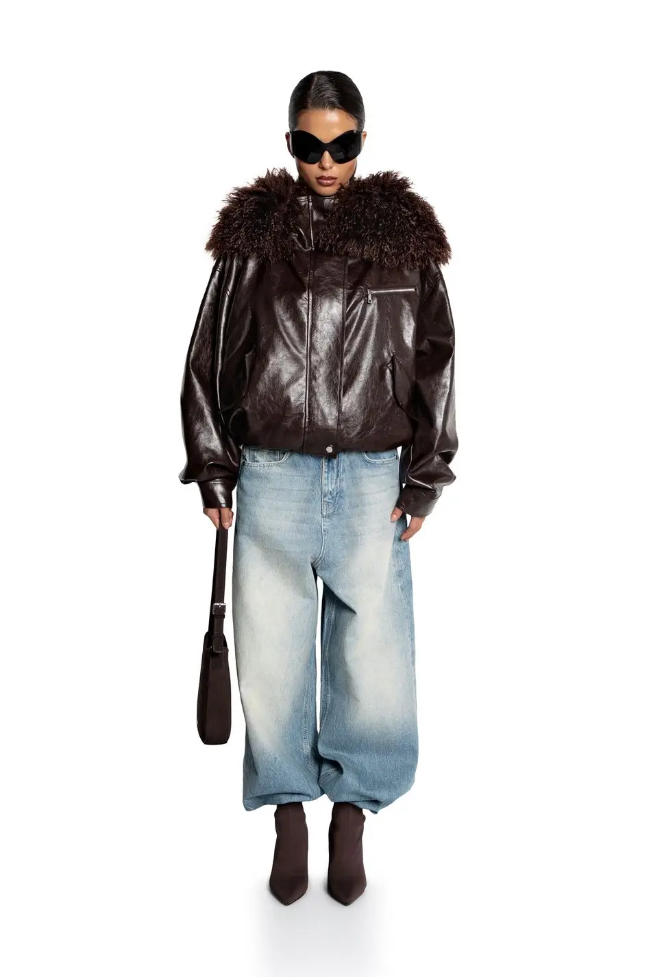Laur 2026 Women Faux Leather Short Jacket With Fluffy Big Fur Collar Oversized Warm Winter Biker Coat For Ladies