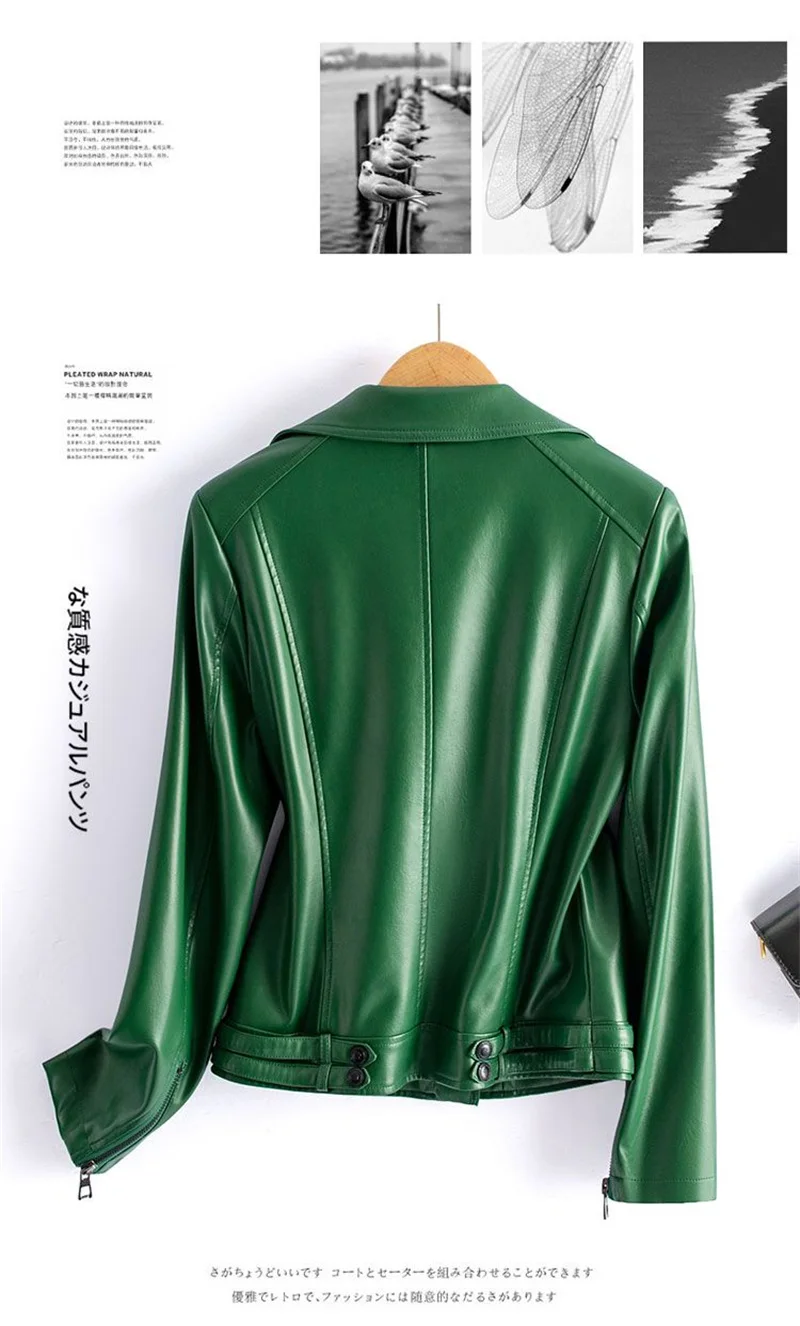Streetwear Women's 2nd Layer Sheepskin Jacket Genuine Leather Short Coat Autumn Winter Green Moto Biker Outerwear Casual Tops