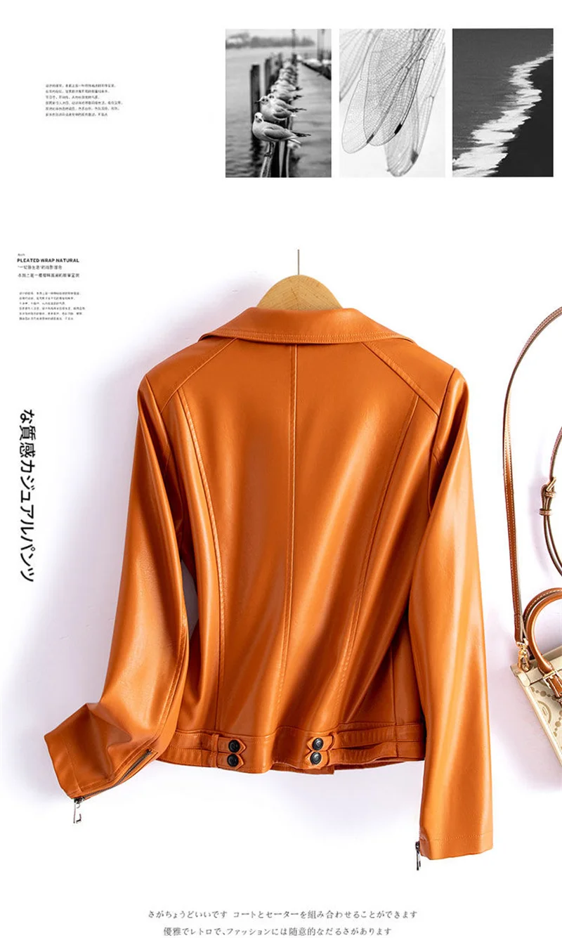 Streetwear Women's 2nd Layer Sheepskin Jacket Genuine Leather Short Coat Autumn Winter Green Moto Biker Outerwear Casual Tops