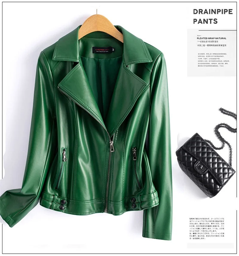 Streetwear Women's 2nd Layer Sheepskin Jacket Genuine Leather Short Coat Autumn Winter Green Moto Biker Outerwear Casual Tops