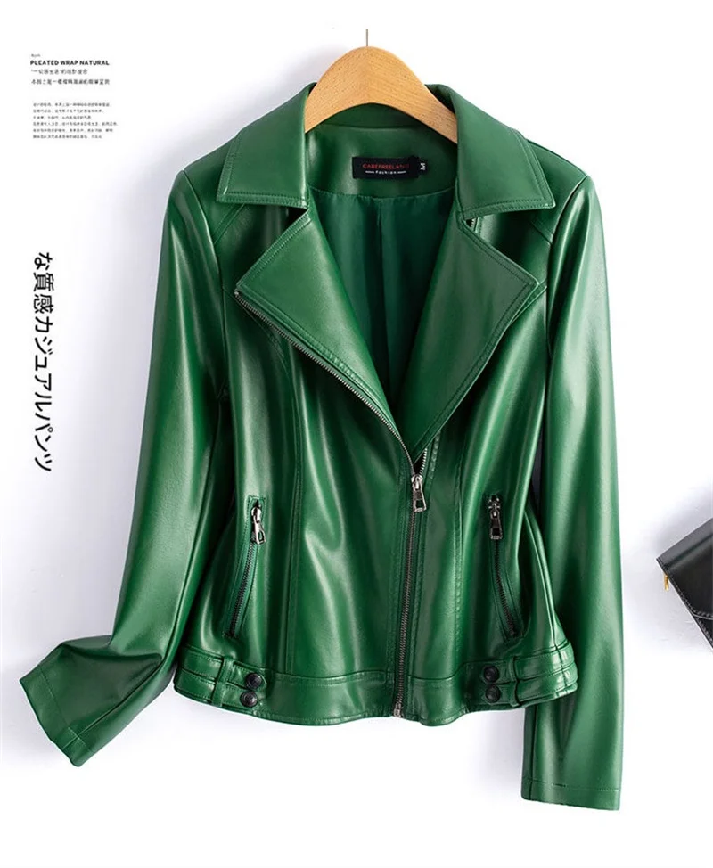 Streetwear Women's 2nd Layer Sheepskin Jacket Genuine Leather Short Coat Autumn Winter Green Moto Biker Outerwear Casual Tops
