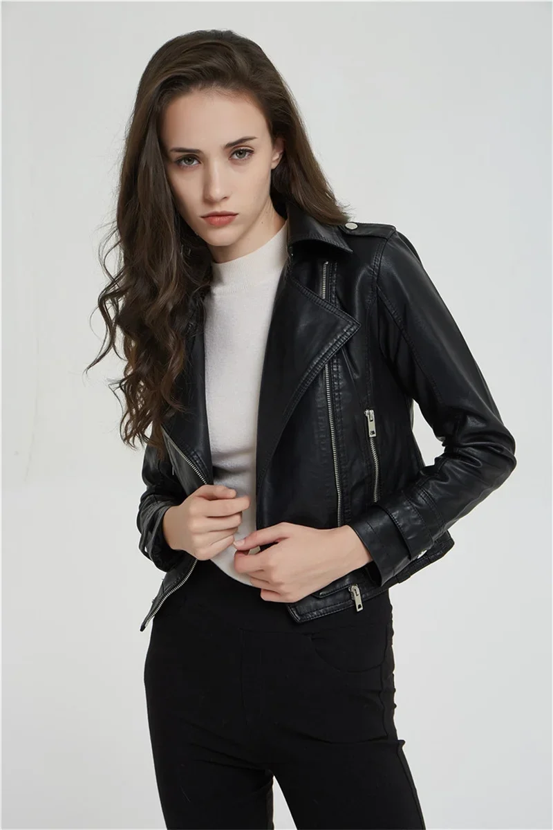 Women's Motorcycle Leather Jacket Fashion New 2025 Spring Autumn Coat Top Slim Versatile PU  Leather Outerwear Female Coat