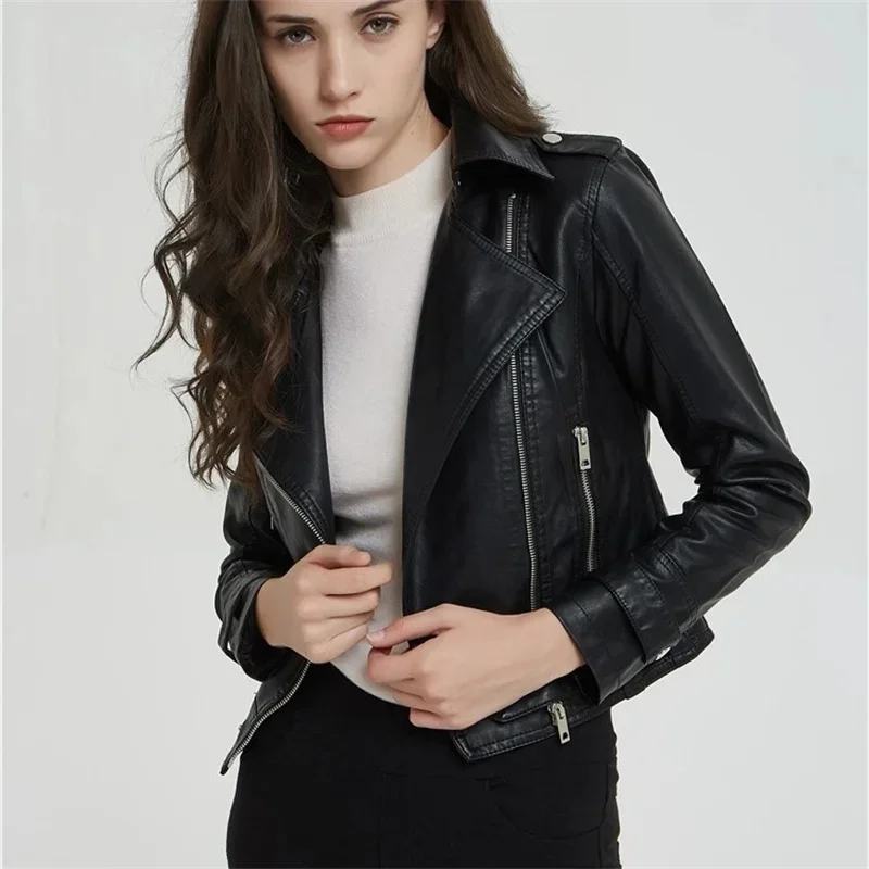 Women's Motorcycle Leather Jacket Fashion New 2025 Spring Autumn Coat Top Slim Versatile PU  Leather Outerwear Female Coat