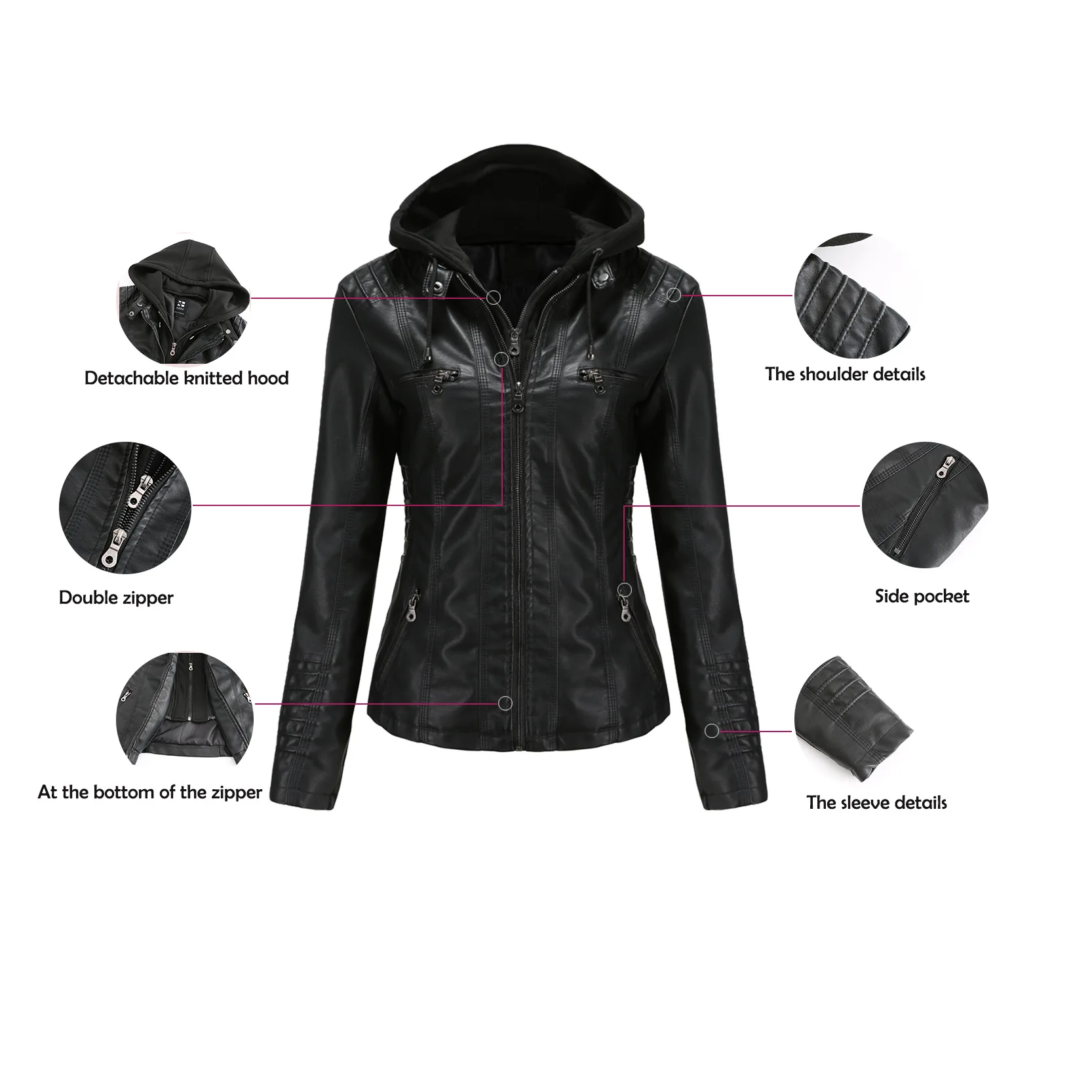Women Faux Leather Jackets Hooded Full Sleeve Slim Fit Jacket Zipper Spliced Coats Solid Casual Streetwear Autumn 2024