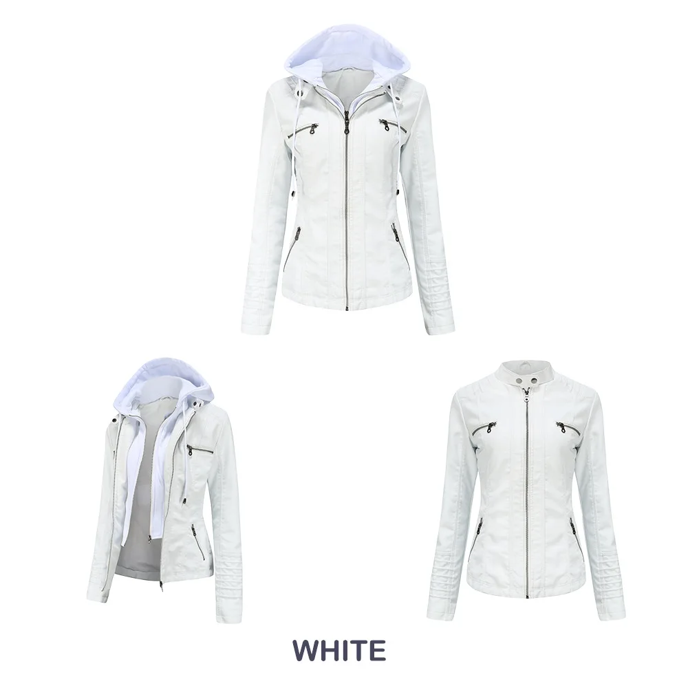 Women Faux Leather Jackets Hooded Full Sleeve Slim Fit Jacket Zipper Spliced Coats Solid Casual Streetwear Autumn 2024