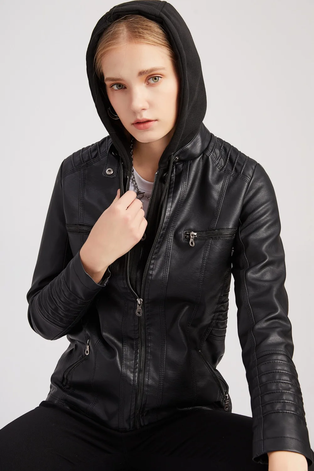Women Faux Leather Jackets Hooded Full Sleeve Slim Fit Jacket Zipper Spliced Coats Solid Casual Streetwear Autumn 2024