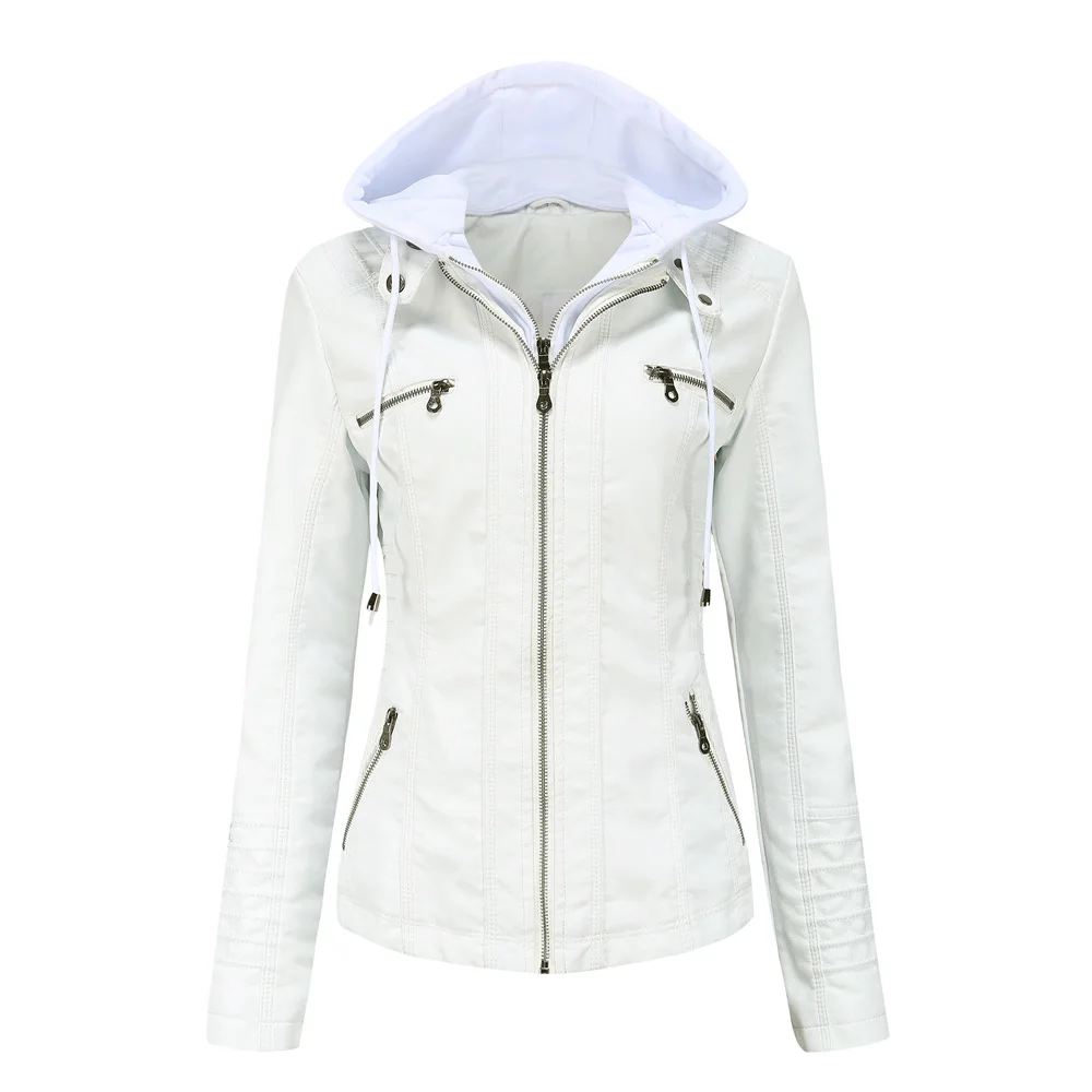 Women Faux Leather Jackets Hooded Full Sleeve Slim Fit Jacket Zipper Spliced Coats Solid Casual Streetwear Autumn 2024