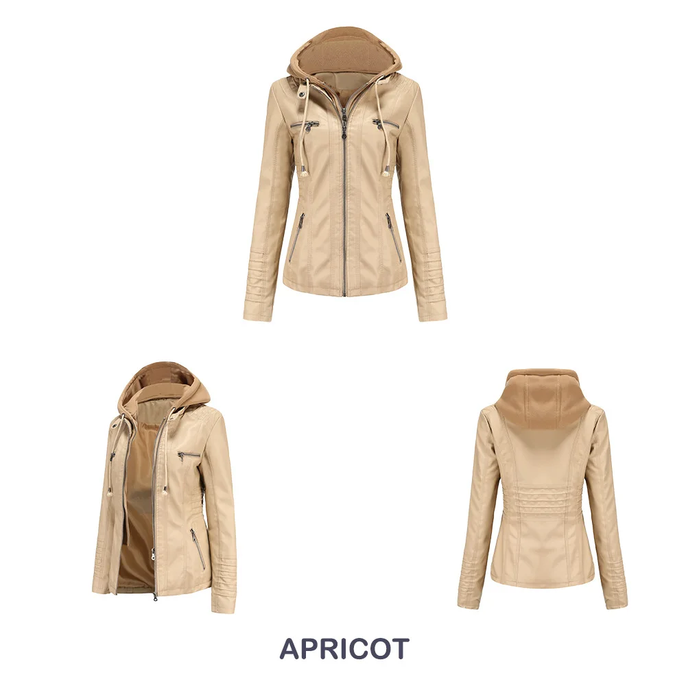 Women Faux Leather Jackets Hooded Full Sleeve Slim Fit Jacket Zipper Spliced Coats Solid Casual Streetwear Autumn 2024