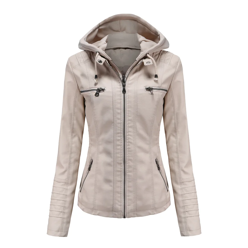Women Faux Leather Jackets Hooded Full Sleeve Slim Fit Jacket Zipper Spliced Coats Solid Casual Streetwear Autumn 2024