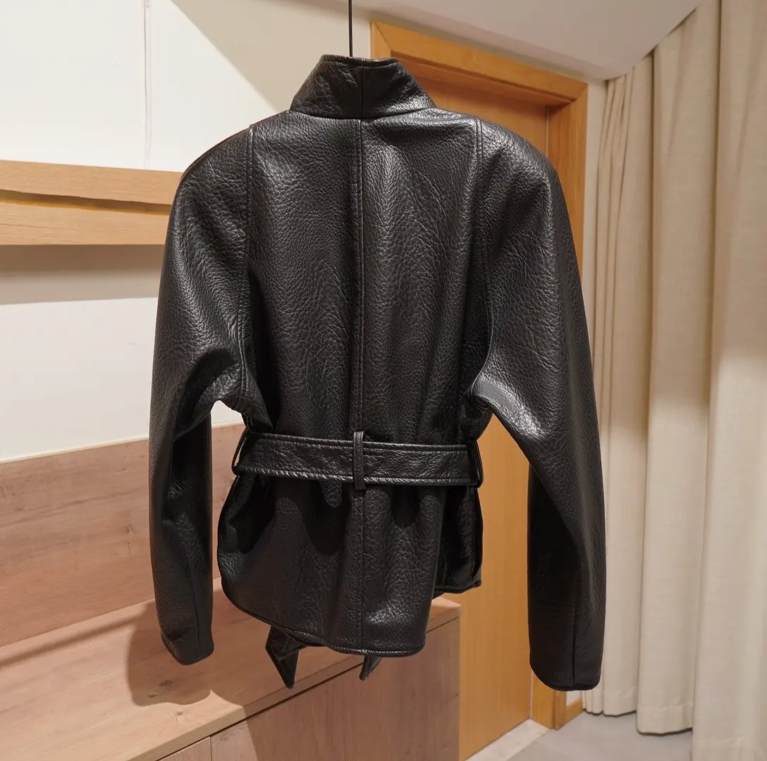 Original Trendy 2026 Brown Shawl Collar Faux Leather Coat Women Autumn Belted Coat Brand Hot Fashion Girls PU Leather Jackets