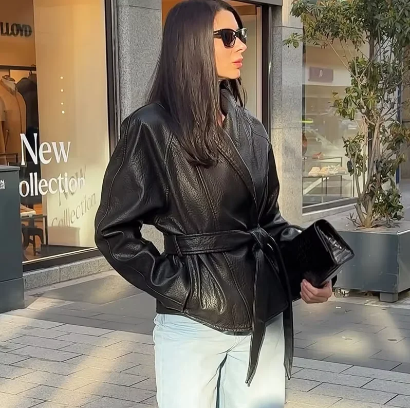 Original Trendy 2026 Brown Shawl Collar Faux Leather Coat Women Autumn Belted Coat  Brand Hot Fashion Girls PU Leather Jackets
