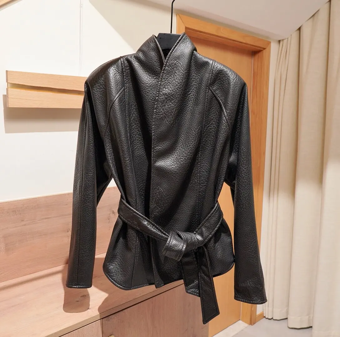 Original Trendy 2026 Brown Shawl Collar Faux Leather Coat Women Autumn Belted Coat Brand Hot Fashion Girls PU Leather Jackets