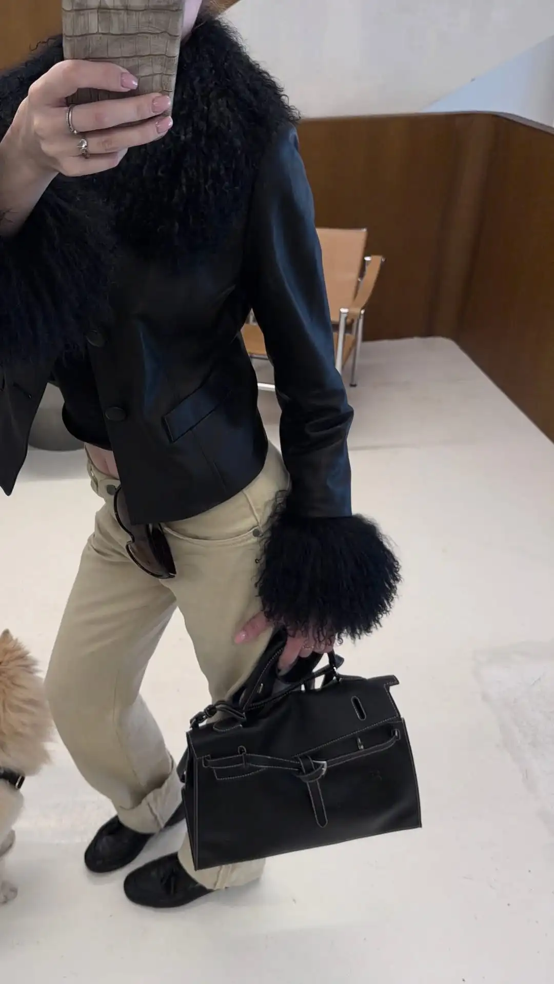 Women Faux Leather Coat With Faux Fur Spliced Collar & Cuffs Single‑breasted Button Long Sleeve Coats Autumn Vintage Lady Jacket