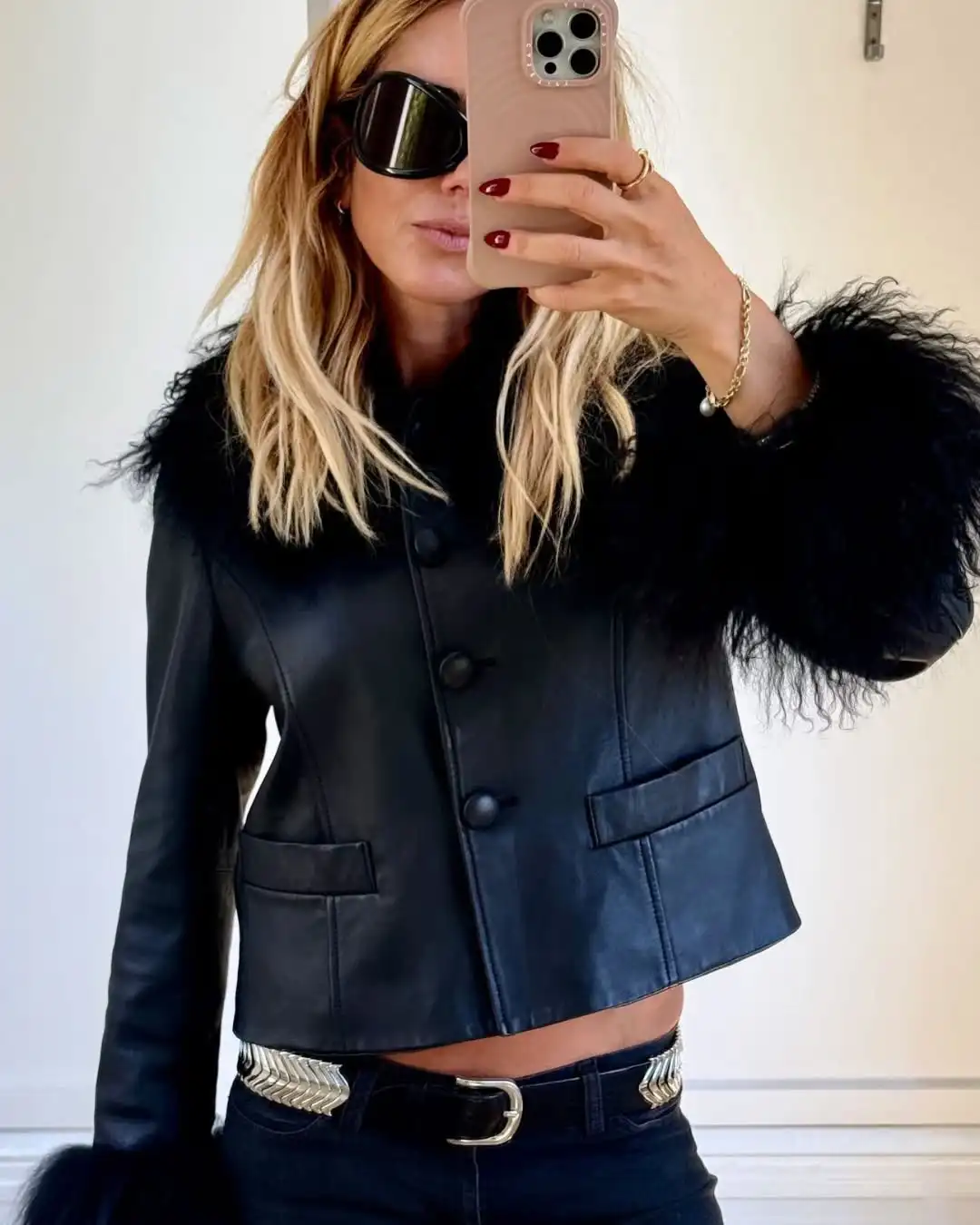 Women Faux Leather Coat With Faux Fur Spliced Collar & Cuffs Single‑breasted Button Long Sleeve Coats Autumn Vintage Lady Jacket