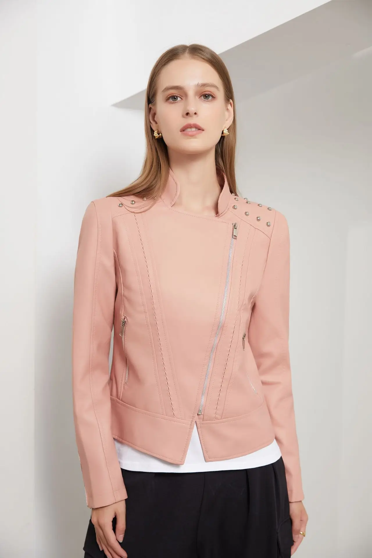 Motorcycle PU Leather Jacket for Women, Fashionable Lapel, Black Motorcycle Jacket, Zipper windproof jacket