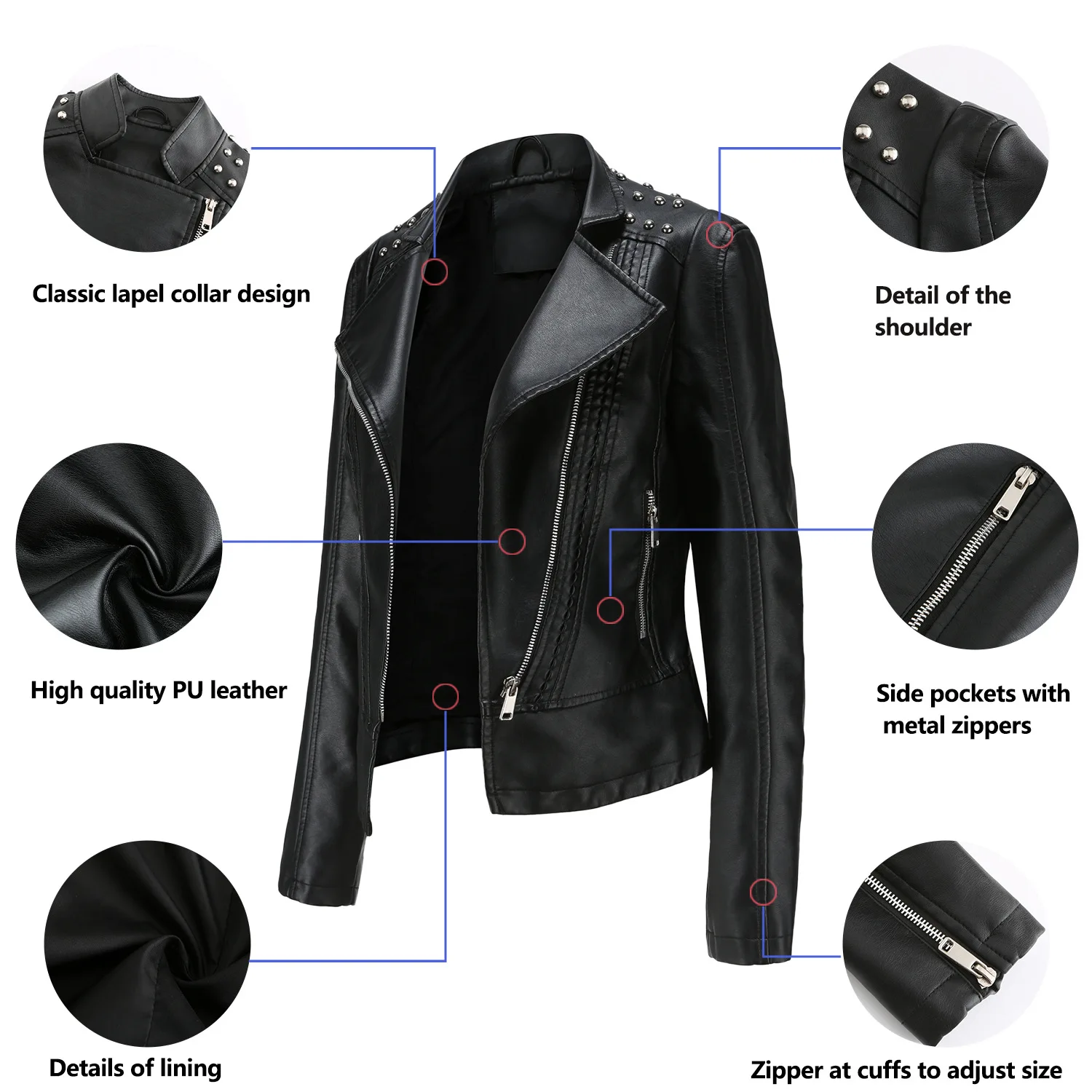 Motorcycle PU Leather Jacket for Women, Fashionable Lapel, Black Motorcycle Jacket, Zipper windproof jacket