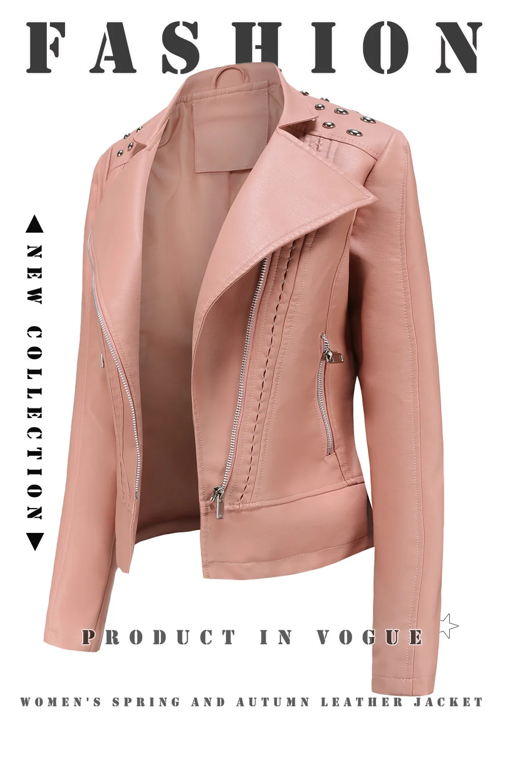 Motorcycle PU Leather Jacket for Women, Fashionable Lapel, Black Motorcycle Jacket, Zipper windproof jacket